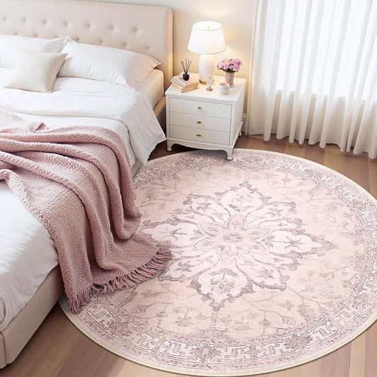 Area Rugs 5ft Washable Non-Slip, Floral Vintage Distress Print Pattern Medallion Carpet for Living Room Bedroom Dining Room, Pink Greypink Cute