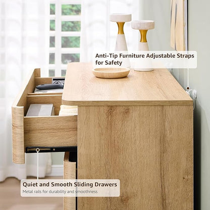 ACCOHOHO 6 Drawer Dresser for Bedroom, 42 Inch Tall Modern Chest of Drawers, Push-to-Open Wood Storgae Organizer with Large Drawers for Bedroom, Living Room, Hallway, Natural Oak