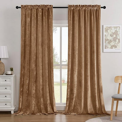 SMILETIME Amber Beige Crushed Velvet Curtains 52x108inch Rod Pocket Luxurious Thermal Insulated Soundproof Drapes Soft and Durable Light-Filtering Window Treatments for Living Room Bedroom, 2 Panels