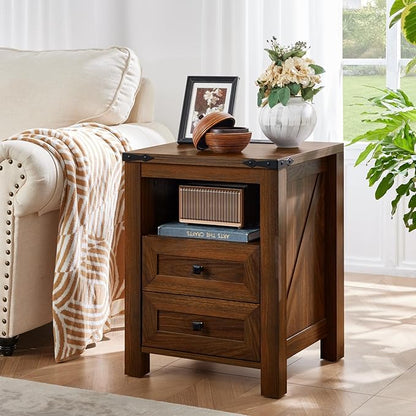 Joaxswe Nightstand with Charging Station and USB Port, Farmhouse Side End Table with 2 Drawers and Open Shelf, Wood Rustic Sofa Table, Bedside Cabinet for Bedroom, Living Room, Closet, Office(Brown)