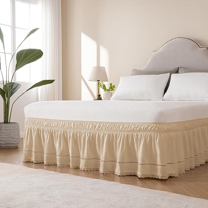 MIYE Wrap Around Ruffled Lace Bed Skirt, Elastic Dust Ruffle with Adjustable Belts, Easy to Put On, Bed Frame Cover, Machine Washable (Floral Lace/Beige, King/Queen-18 Drop)