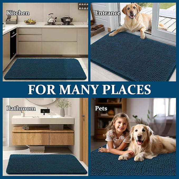 OLANLY Dog Door Mat for Muddy Paws 40x24, Absorbs Moisture and Dirt, Absorbent Non-Slip Washable Doormat, Quick Dry Chenille Mud Mat, Entry Indoor Entryway Carpet for Inside Floor, Atlantic Blue