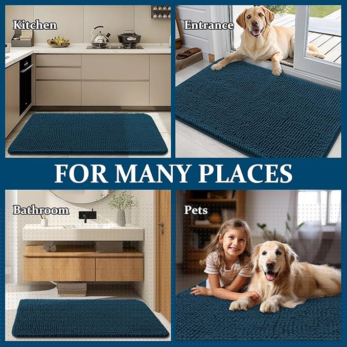 OLANLY Dog Door Mat for Muddy Paws 70x32, Absorbs Moisture and Dirt, Absorbent Non-Slip Washable Doormat, Quick Dry Chenille Mud Mat, Entry Indoor Entryway Carpet for Inside Floor, Atlantic Blue