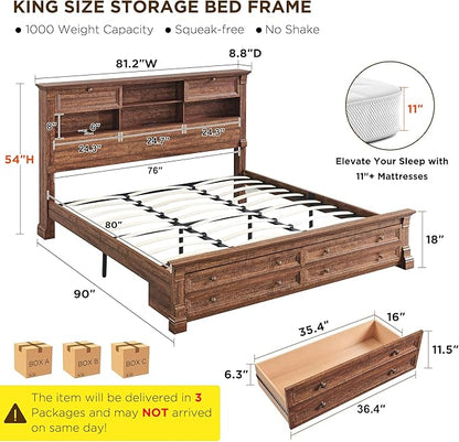Farmhouse King Size Bed Frame with 54" Tall Headboard, Headboard with 4 Storage Rack, 2 Drawers, Wood Platform Bed Frame,18" Roman Column Decoration Footboard, No Box Spring Needed(Reclaimed Barnwood)