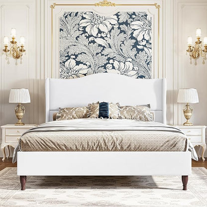 koorlian King Size Bed Frame with 51" Tall Headboard, Fully Upholstered Platform Bed Frame with with Soft Fabric, Sleigh Wingback, Solid Wood Retro Legs, Modern Minimalist Style, Easy Assembly, White