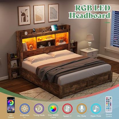 AMERLIFE Queen Bed Frame with 4 Storage Drawers, Wood Bed Frame with 49.6" Tall Bookcase Headboard, LED Platform Bed with Charging Station & 2 Slide Bedside Shelf, No Box Spring Needed/Rustic Brown