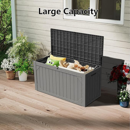 100 Gallon Outdoor Storage Box Waterproof, Lockable Resin Deck Box Patio Storage Bin for Pool Accessories Cushion Furniture, Garden Tools, UV-Resistant Outside Delivery, Grey