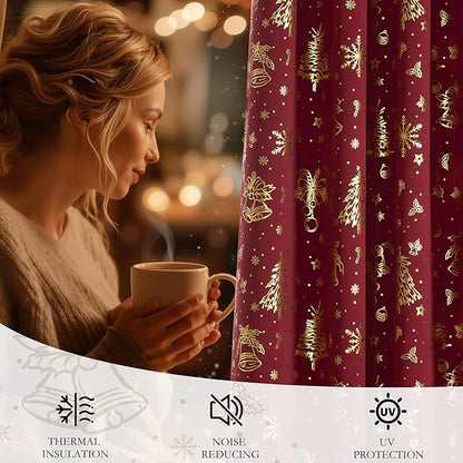NICETOWN 2 Panels Christmas Red Curtains 52 x 63 Inch - Gold Stamped Grommets Christmas Curtains for Living Room, Bedroom - Holiday Festive Window Drapes - Christmas Decoration
