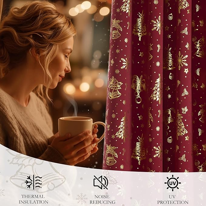NICETOWN 2 Panels Christmas Grommet Pocket Curtains 52 x 95 Inch, Gold Stamped Holiday Window Drapes for Xmas Decorations, Festive Room Darkening Curtain Set for Living Room Bedroom, Seasonal Style