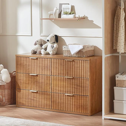 LEYAOYAO Fluted 6 Drawers Dresser Set of 2, 48" Wide Modern Chest of Drawers with Metal Handle, Brown Curved Profile Dresser TV Stand, Wooden Drawer Organizer for Bedroom, Living Room, Hallway