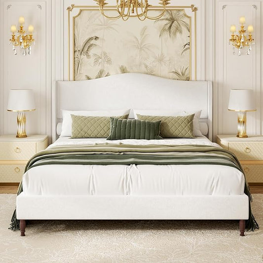 Queen Size Upholstered Platform Bed Frame, 51" Tall Chenille Fabric Headboard with Classic Curved Wingback Design, Vintage Solid Wood Legs, Easy Assembly & Noise-Free, Box Spring Option, Beige