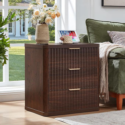 LEYAOYAO 23" Wide Fluted Farmhouse Night Stand Set of 2 with Charging Station, 3 Drawers Large End Table w/Metal Handle, Walnut Nightstand Bedside Table,Wood Dresser for Bedroom, Closet