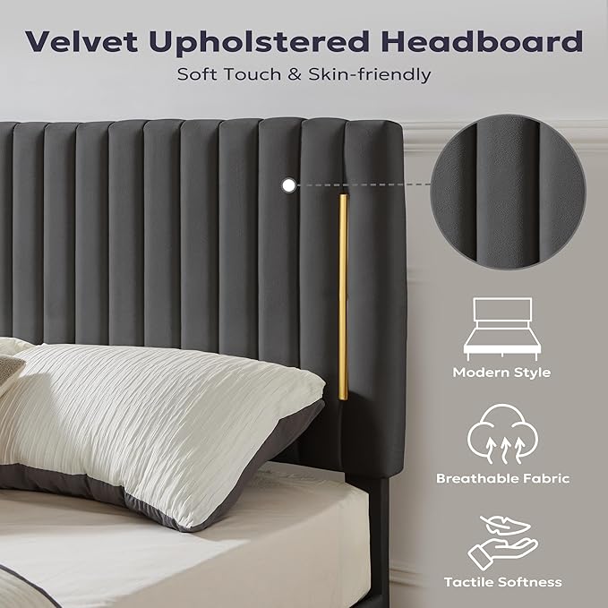 Full Platform Bed Frame, Velvet Upholstered Bedframe with Vertical Channel Adjustable Headboard, Golden Plating Trim, Mattress Foundation with Wooden Slats, No Box Spring Needed, Grey