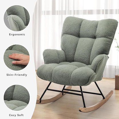 Rocking Chair Nursery Teddy Upholstered Glider Rocker Rocking Accent Chair Padded Seat with High Backrest Armchair Comfy Side Chair for Living Room Bedroom Offices (Light Green Teddy)