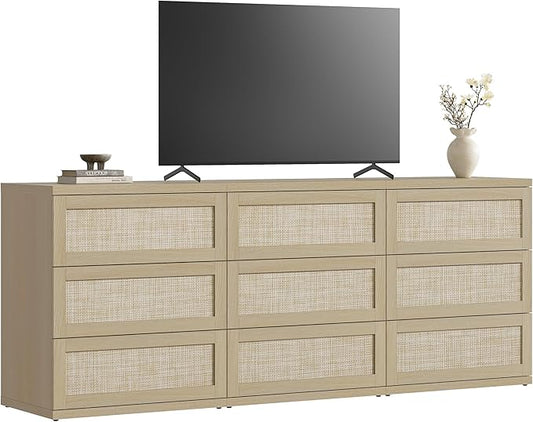 SICOTAS Dresser for Bedroom - 75" Wide 9 Drawer Dresser Rattan Dressers & Chests of Drawers Boho Drawers for Bedroom Bedside Table Clothes Long Closet Storage for Closet Hallway Entryway