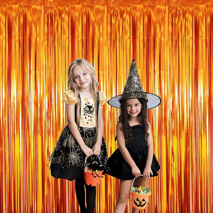 GOER 3.2 ft x 8.2 ft Metallic Tinsel Foil Fringe Curtains Party Photo Backdrop Party Streamers for Birthday,Graduation,New Year Eve Decorations Wedding Decor (5 Packs,Orange)
