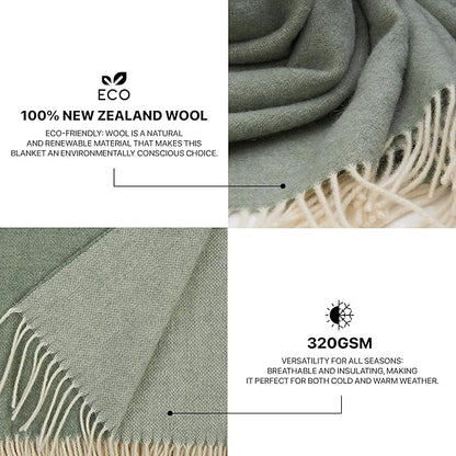 | Wool Blanket/Throw | 100% New Zealand Wool | Perfect for Home and Outdoors | Virgin Wool Throw with Fringes 75"x87" (190 x 220 cm)