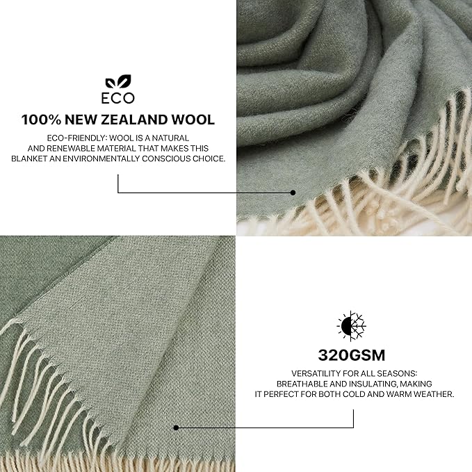 | Wool Blanket/Throw | 100% New Zealand Wool | Perfect for Home and Outdoors | Virgin Wool Throw with Fringes 67"x79" (170 x 200 cm)