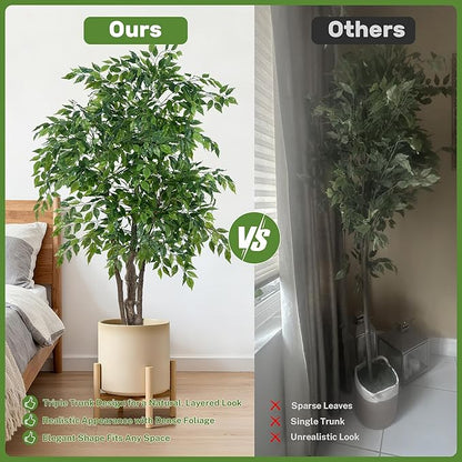 Ficus Tree Artificial with Triple Trunks, 5.5ft Fake Ficus Tree in Black Pot, Tall Artificial Tree Potted Plant for Indoor Outdoor Home Office Living Room Patio Bedroom Decor