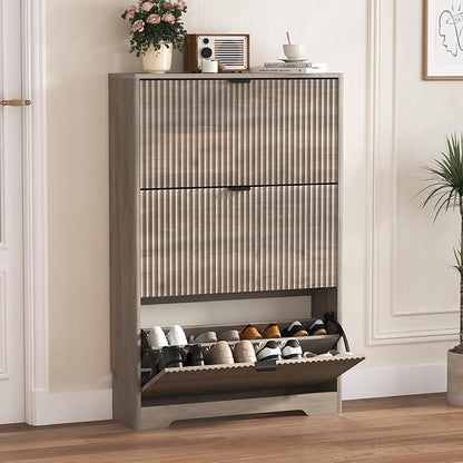 Shoe Cabinet Storage for Entryway with 3 Flip Drawers, Grey Fluted Shoe Cabinet with Adjustable Shelves, Wooden Hidden Shoe Rack Freestanding Narrow Slim Shoes Storage for Hallway, Entrance