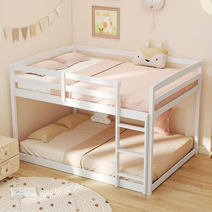 KOMFOTT Low Bunk Bed Full Over Full, Solid Wood Full Bed Frame with Built-in Ladder & Safety Guardrails, Teens, No Box Spring Needed, Space-Saving Low Bunk Bed for Kids