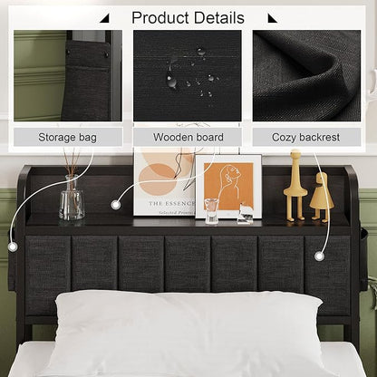 16 Inch Twin Bed Frames with Upholstered Storage Headboard, Sturdy Single Bed Frame, No Box Spring Needed Twin Platform, Black