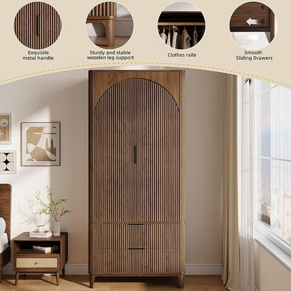 70.1" Arched Wooden Armoire Wardrobe Closet with 2 Doors and 2 Drawers, Fluted Bedroom Armoire with Hanging Rod Shelf, Clothing Storage Cabinet, Wardrobe Armoire Closet Cabinet for Bedroom