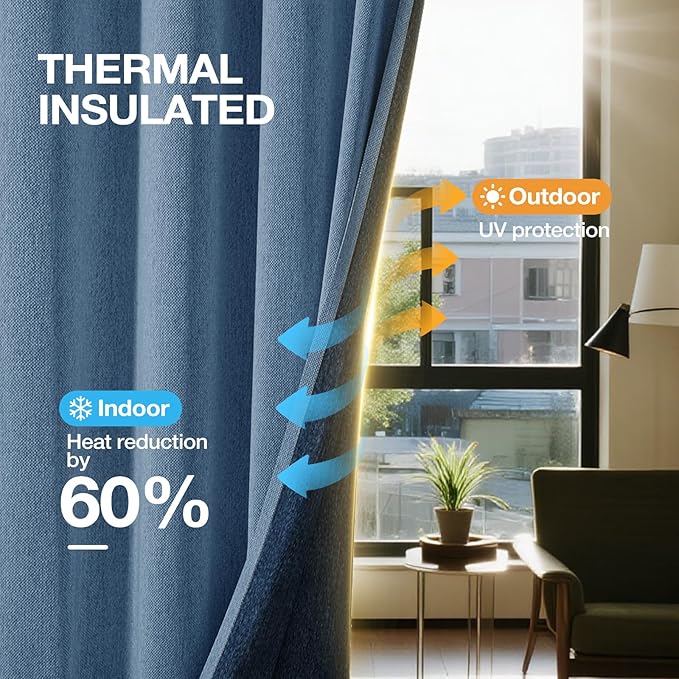100% Blackout Curtains 102 inch Length 2 Panels for Living Room, Linen-Look Textured Room Darkening Thermal Insulated Soundproof Farmhouse Drapes for Bedroom (W52xL102, Blue)