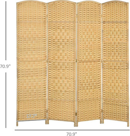 HOMCOM 4 Panel Room Divider, 6' Tall Folding Privacy Screen, Hand-Woven Freestanding Wood Partition for Home Office, Bedroom, Nature Wood