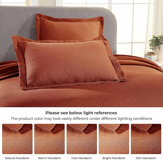 Superior 3 Piece Basketweave Cotton Bedspread Set, Home Bed Decor, Decorative Bed Spread, 2 Pillow Shams, Medium Weight Blanket, Matelasse Coverlet Bedding, Geometric Lattice Pattern, King, Mandarin