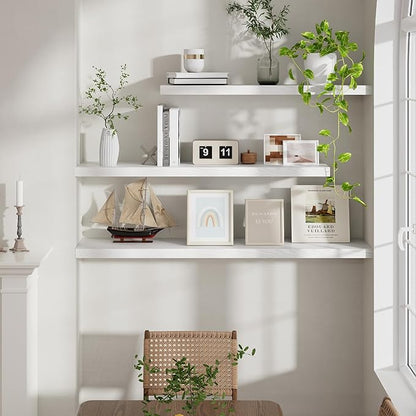 40 Inch Floating Shelves for Wall, 9.3 Inch Deep Shelves for Books & Decor, Wall-Mounted Floating Shelf 40 Inch Long Set of 2, Rustic Wooden Shelf for Living Room, Bedroom, Kitchen, White