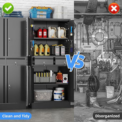 Garage Storage Cabinet, Metal Storage Cabinet with 2 Drawers and 2 Adjustable Shelves, Metal Lockers with Pegboards for Homes, Offices, Kitchens, Schools and Pantries