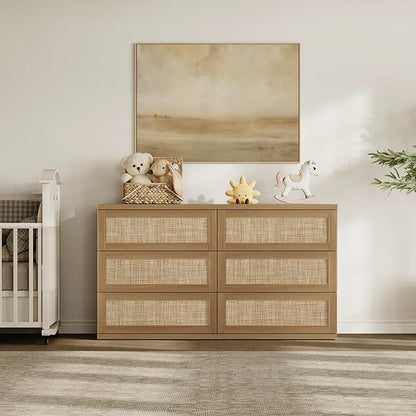 SICOTAS Dresser for Bedroom - 50" Wide 6 Drawer Dresser Rattan Dressers & Chests of Drawers Boho Drawers for Bedroom Bedside Table Clothes Large Closet Storage for Closet Hallway Entryway