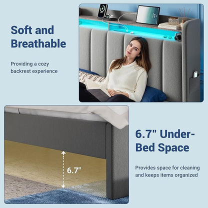 Allewie Velvet Vertical Tufted Queen Upholstered Platform Bed Frame with 2-Tier LED Storage Headboard & 2 Storage Drawers, USB & Type-C Charging Ports, Noise-Free/No Box Spring Needed, Grey