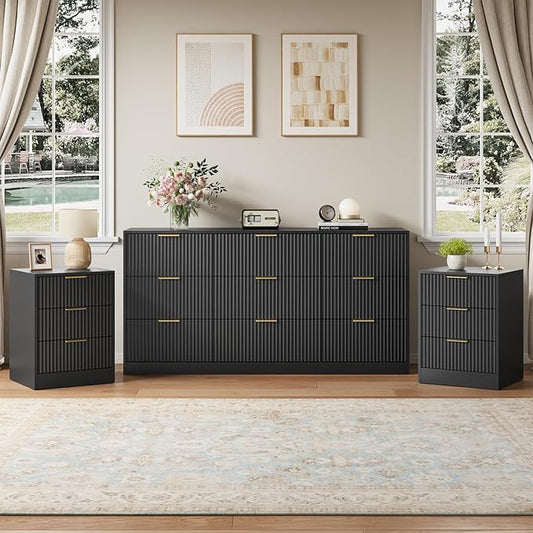 9 Drawer Black Dresser & Nightstand Set 3-Piece - 63” Long Fluted Dresser Set Night Stand Set of 2 with Metal Handle, Modern Wood Chest of Drawers Storage Dressers Set for Bedroom, Black