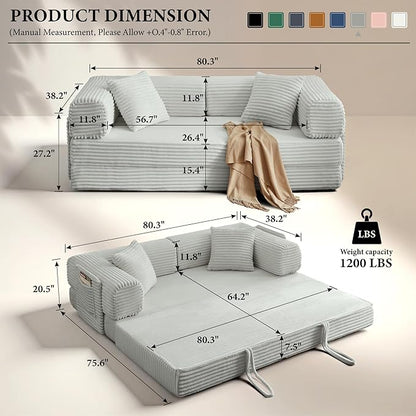 Boneless Couch Folding Couches for Living Room Sofa, Futon Sofa Bed with Sleeper Sofa, Futon Couch with Fixed-Shape Oversized Corduroy Upholstered (Light Grey, 81 Inches)