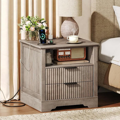 Fluted Nightstand Set of 2, 24'' Sofa Side Table with 2 Drawers, Farmhouse Bedside Table with Storage, Large End Table for Bedroom, Living Room, Greige
