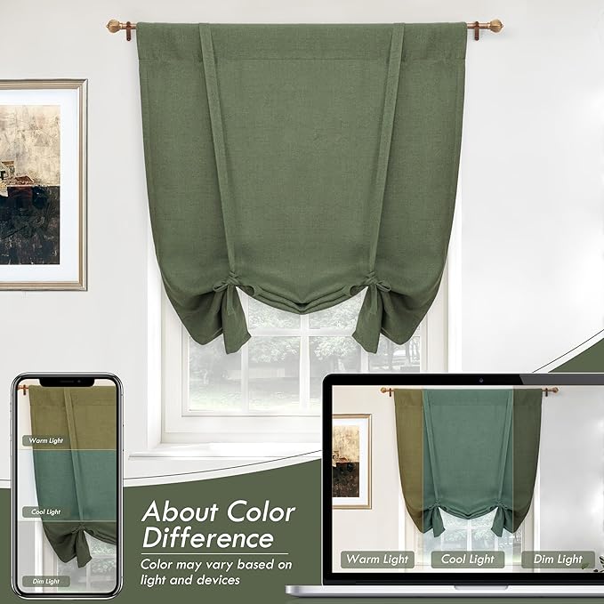 DriftAway Double Layer Linen Blackout Tie Up Curtains Thermal Insulated Fully Lined Balloon Roman Shade Bathroom Window Adjustable Rod Pocket for Small Window 45 Inch by 63 Inches Olive Green