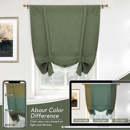 DriftAway Double Layer Linen Blackout Tie Up Curtains Thermal Insulated Fully Lined Balloon Roman Shade Bathroom Window Adjustable Rod Pocket for Small Window 39 Inch by 55 Inch Olive Green