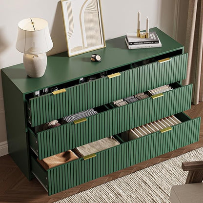 Green 7 Drawer Dresser for Bedroom, 55.9" Wide Modern Fluted Dresser with Gold Metal Handles, Wide Chest of Drawers for Bedroom, Living Room, Entryway, Hallway