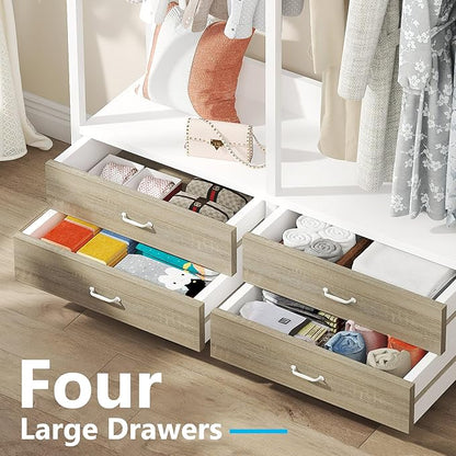 Tribesigns Freestanding Closet Organizer for Hanging Clothes, Heavy Duty Garment Rack with 4 Drawers, 8 Hooks and Storage Shelves, Wardrobe Closet Clothing Rack for Bedroom, Living Room, White Walnut