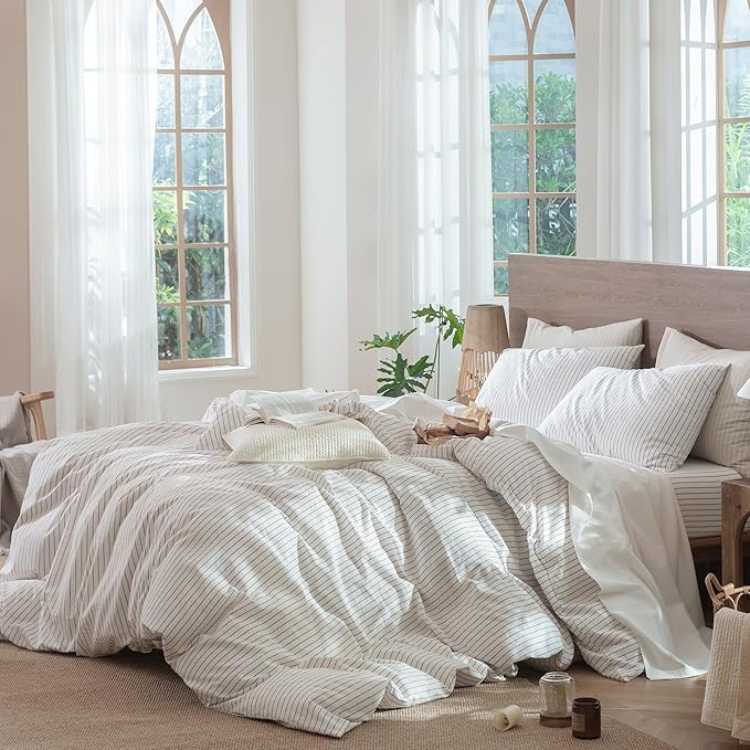 MooMee Striped Duvet Cover Set 100% Washed Cotton Linen Like Textured Breathable Durable Soft Comfy (White Orange Wide Stripes, Oversized Queen 98"x98")