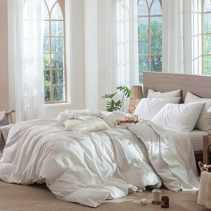 MooMee Striped Duvet Cover Set 100% Washed Cotton Linen Like Textured Breathable Durable Soft Comfy (White Orange Wide Stripes, Queen 90"x90")