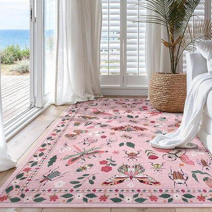 Lahome Insect Machine Washable Rugs 5x7, Soft Modern Pink Rugs for Bedroom Girls Living Room, Non Slip Ultra-Thin Stain Resistant Accent Carpet for Dining Room Nursery(5'x7',Pink)