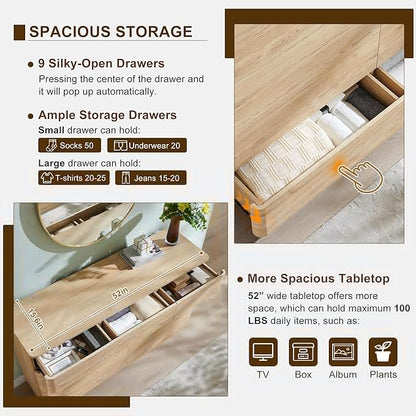 ACCOHOHO Modern 9 Drawer Dresser for Bedroom, 52" Wide Wooden Dressers with Large Storage,Handleless Chest of Drawers TV Stand for Living Room & Hallway, Curved Profile Design,Natural Oak
