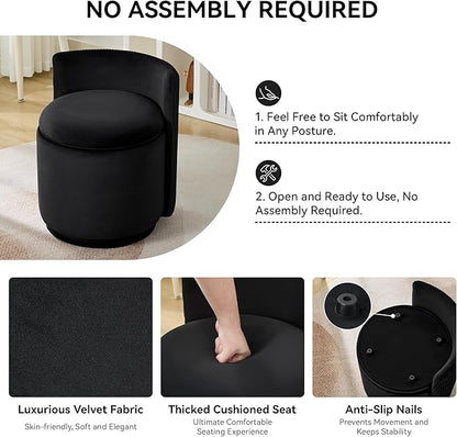 Velvet Vanity Chair with Storage, 360° Swivel Makeup Chair with Wave Back, No Assembly Small Accent Stool for Bedroom, Dressing, Living Room, Black
