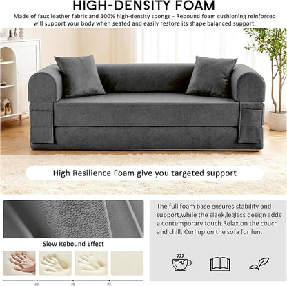 78.5" Convertible Sleeper Sofa Bed, Faux Leather Folding Floor Sofa with Pullout Bed&2 Pillows, No Assembly Modern Boneless Couch Compression Sofa in Box with Storage Pocket for Living Room, Gray