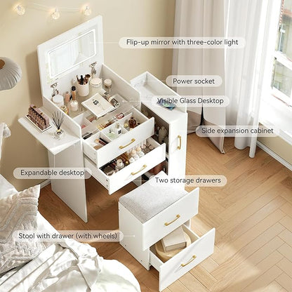 Small Vanity Desk,Compact Vanity Set with Power Outlet,3 in 1 Makeup Vanity with Lights with 3 Modes Lighting,Plip Mirror,Sliding Cabinet,Storage Stool,Dressing Table,White Vanity PT01DTM