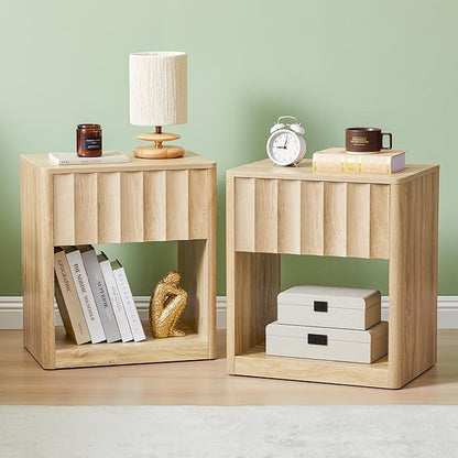 Fluted Dresser, Small Nightstands Set of 2, Natural Bedside Table with Drawer and Storage, Mid Century Modern Side Table for Bedroom Sofa