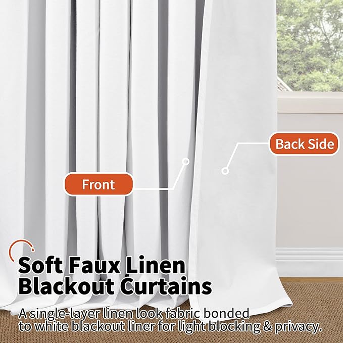 Blackout Curtains for Living Room 84 Inch Length 2 Panels Set, Thermal Insulated 100% Black Out Privacy Soundproof Grommet Farmhouse Linen Window Curtains for Bedroom Darkening, White, Each 52”Wide